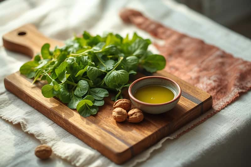 Λαχανικά και ελαιόλαδο σε κοπτική επιφάνεια, τροφές που στηρίζουν τον μεταβολισμό